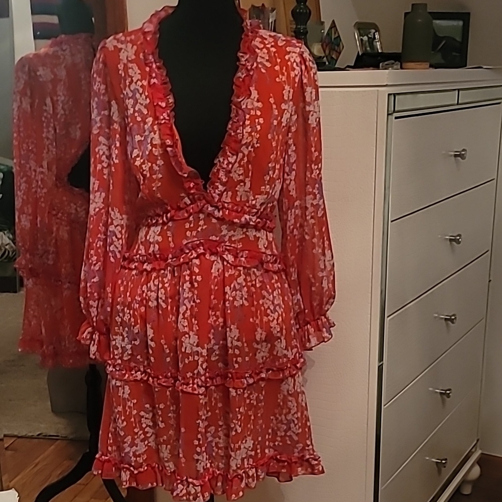 Floral Red Ruffle Dress
